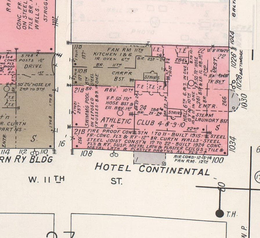 Fire insurance map of 11th and Baltimore, the Hotel Continental footprint still marked Athletic Club, with the swimming pool noted